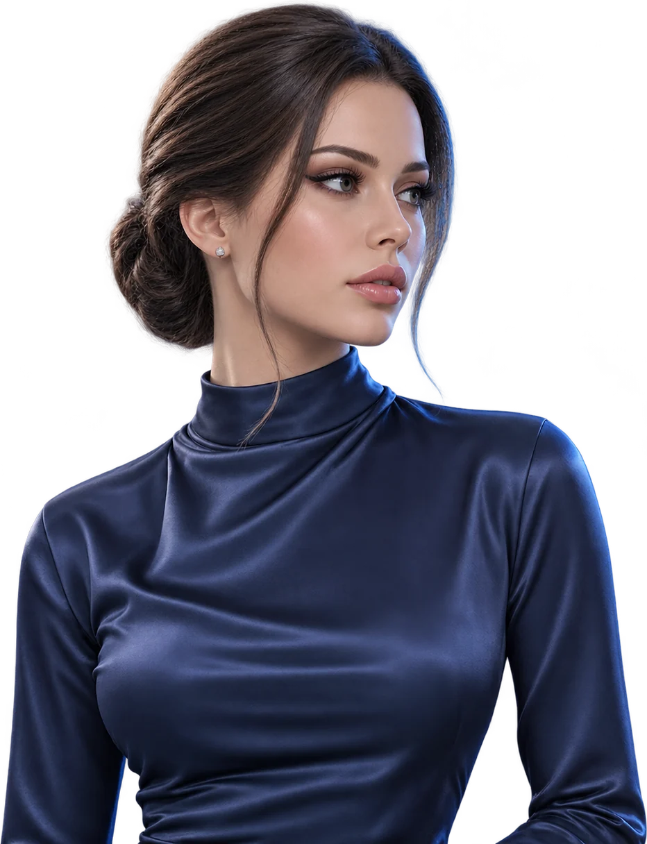 Realistic doll with dark hair in a low bun and small stud earrings, wearing a navy silk high-neck top