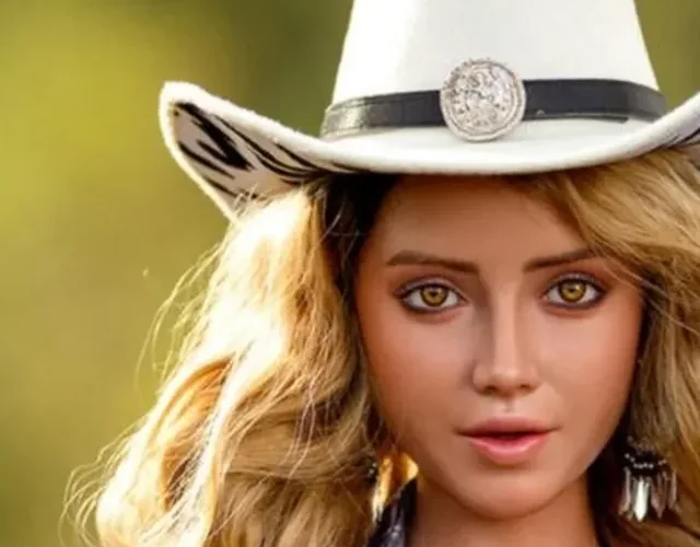 Doll with long wavy blonde hair in a white cowboy hat and a plaid shirt