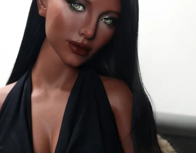 Dark-skinned doll with long black hair in a black halter top and a fur coat