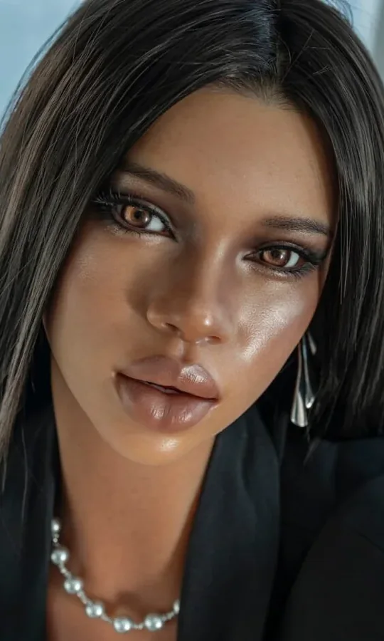 Dark-skinned doll with straight dark hair, a black blazer and a pearl necklace